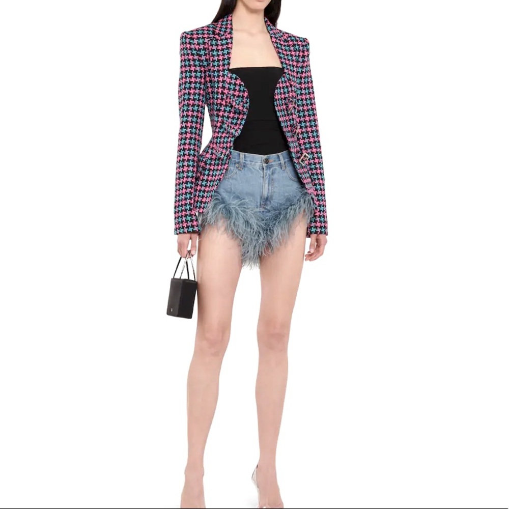 🎉New Denim High Rise Tassel Shorts With Ostrich Gray Feather Trim - Picture 7 of 13